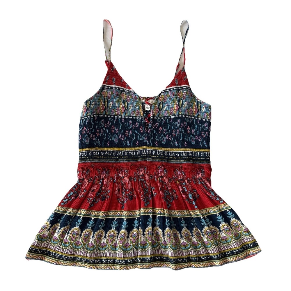 Patrons of Peace Colorful Floral Smocked Peplum‎ Tank Top S Boho Art Romantic